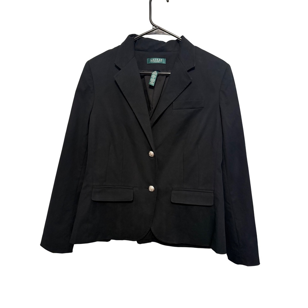 Lauren Ralph Lauren Petite Black Cotton Blend Crest Button Blazer Jacket 14P